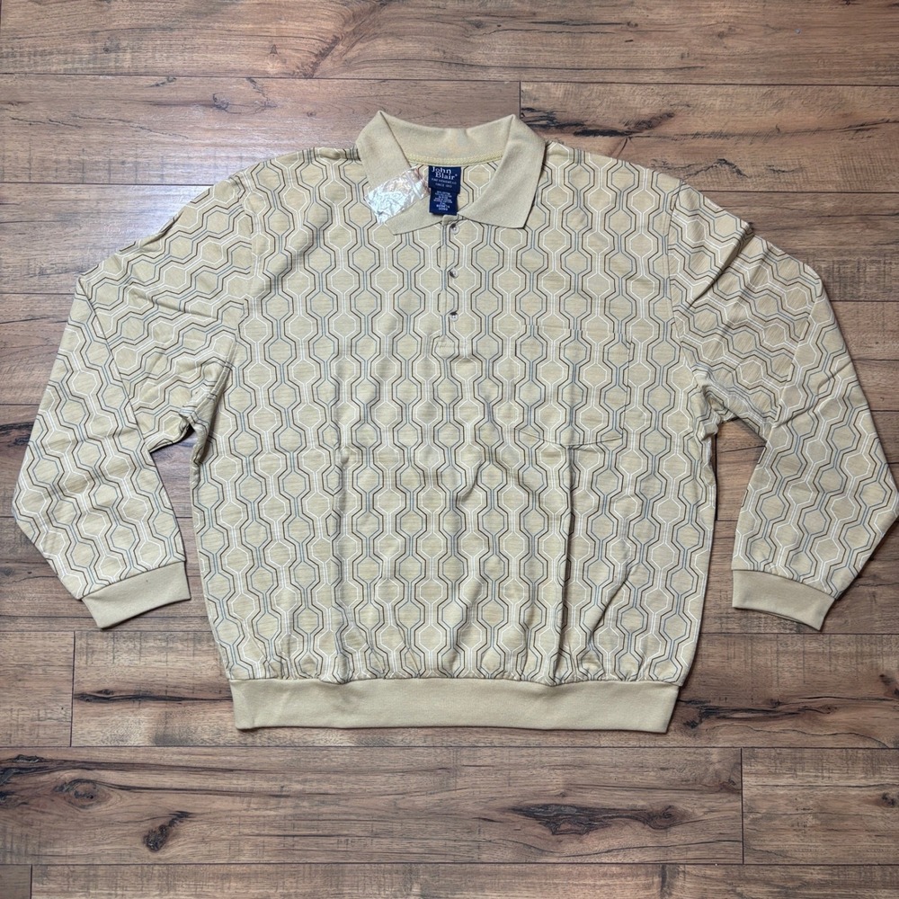 John Blair Mens 2XL Tan Geometric Honeycomb Long Sleeve Banded Bottom Polo Shirt